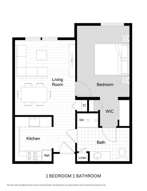 Floor plan for 1 bed, 1 bath, 595 sqft